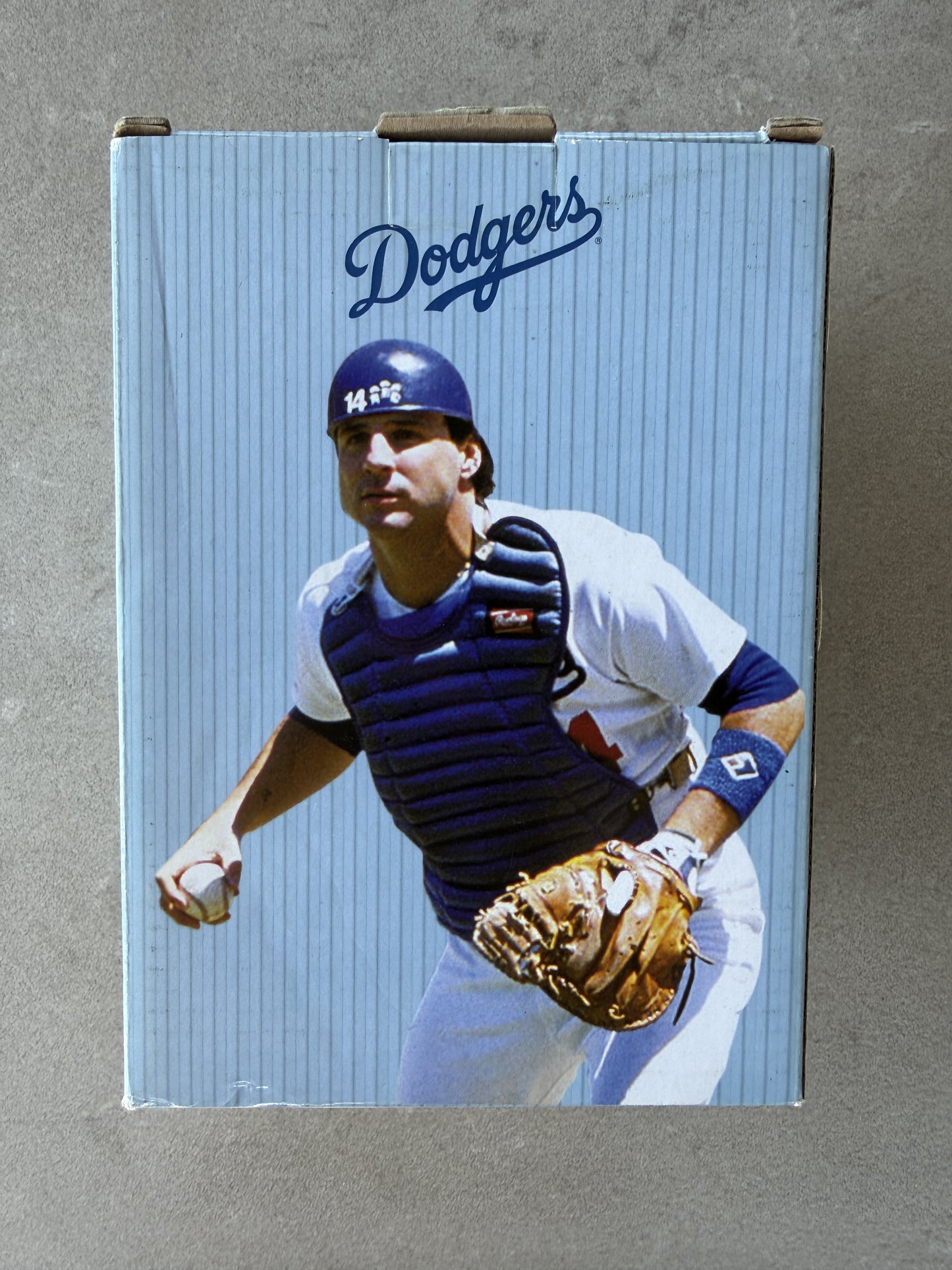 Mike Scioscia Dodgers bobblehead box back — Dodgers logo and catcher photo