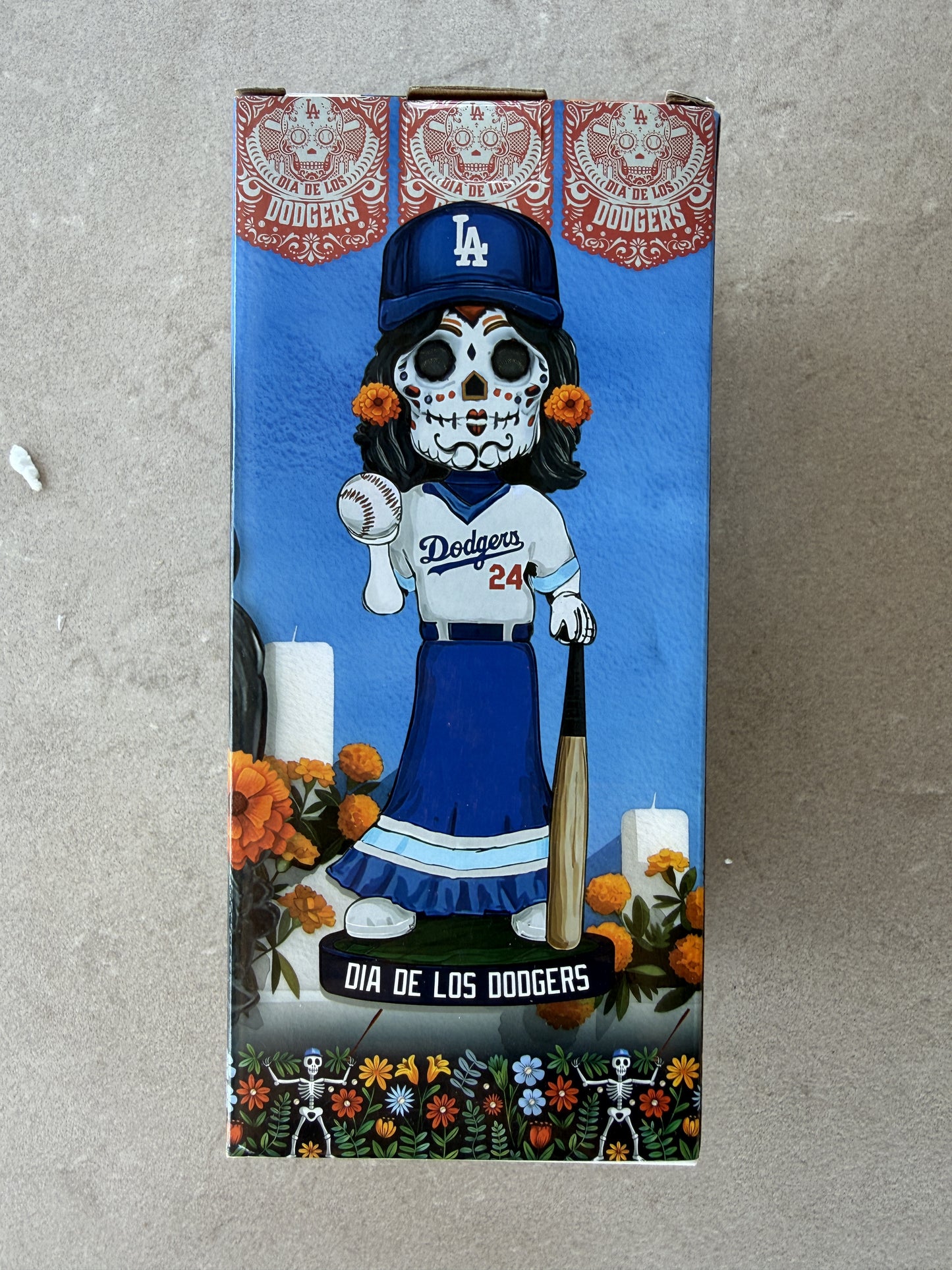 Dia de los Dodgers sugar skull bobblehead box artwork panel