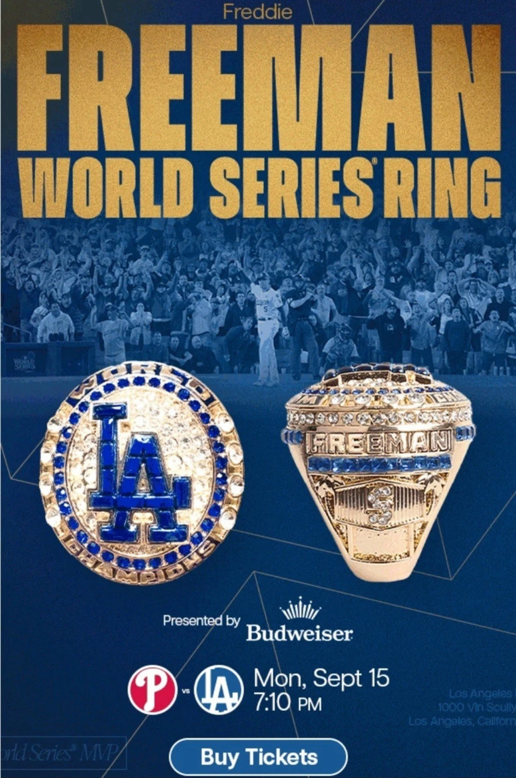Freddie Freeman 2024 World Series Player Ring 2025 Dodgers SGA 9/15 Presale