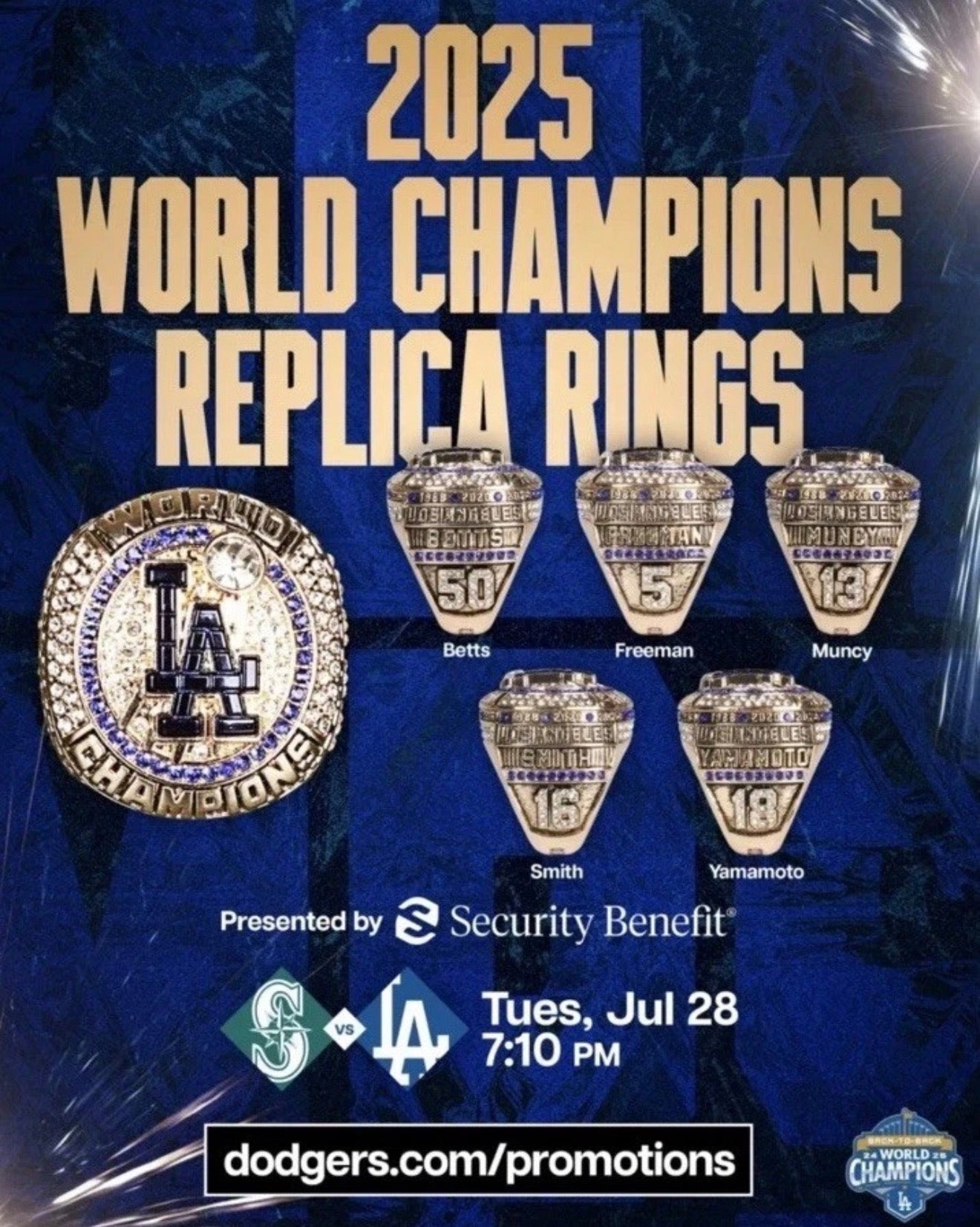 2025 World Champions replica rings SGA — Dodger Stadium 7/28/26 — Betts, Freeman, Muncy, Smith, Yamamoto