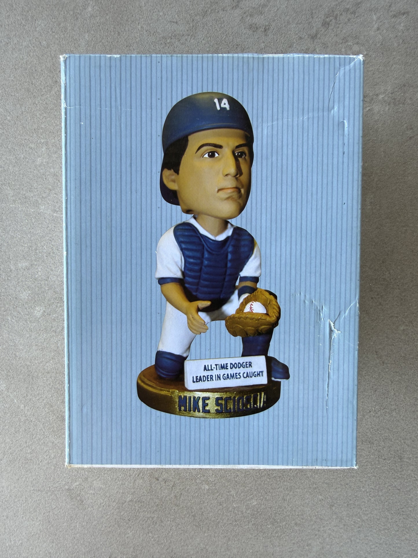 Mike Scioscia Los Angeles Dodgers bobblehead box front — All-Time Dodger leader in games caught, SGA 6/12/12