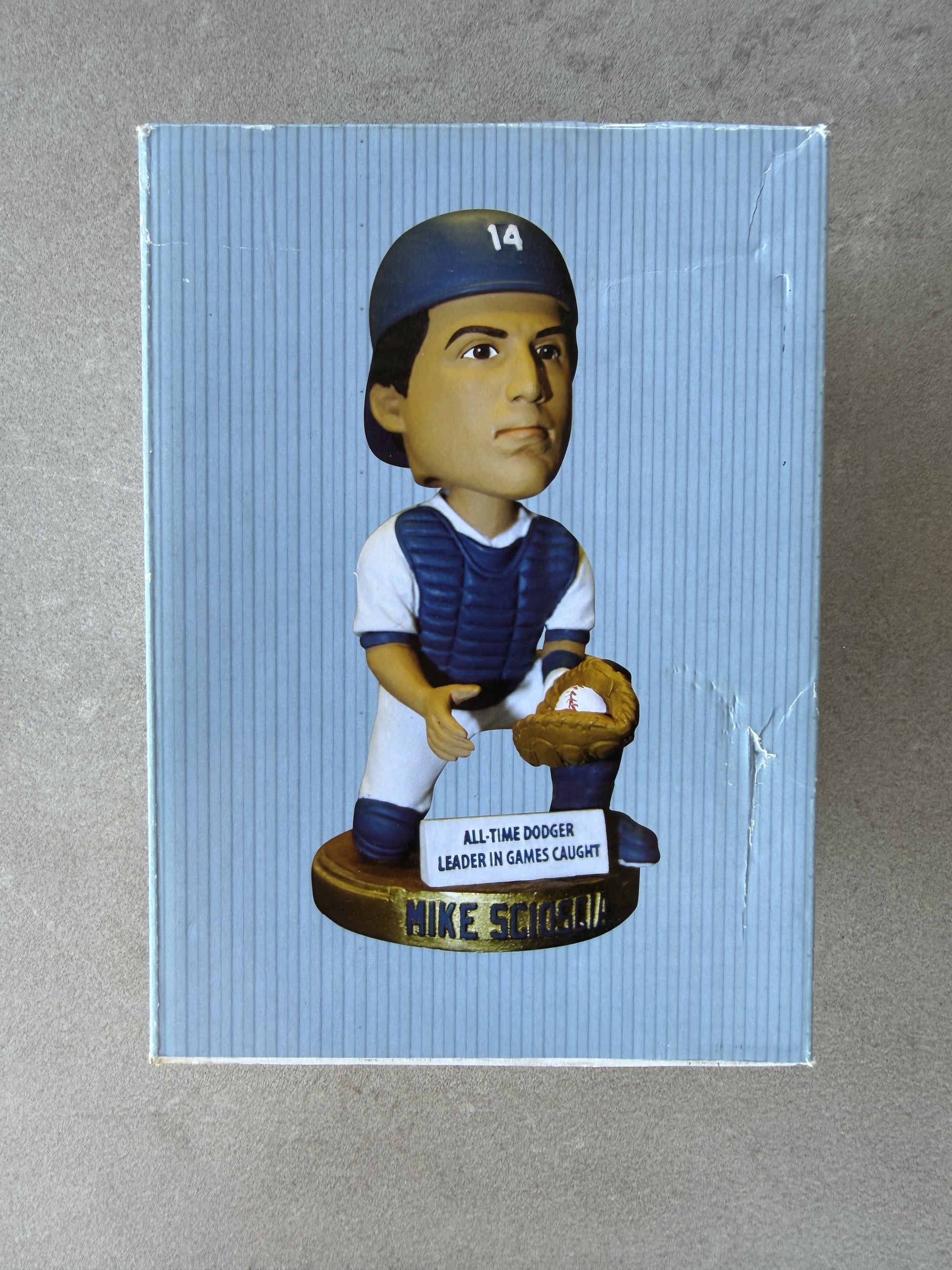 Mike Scioscia Los Angeles Dodgers bobblehead box front — All-Time Dodger leader in games caught, SGA 6/12/12