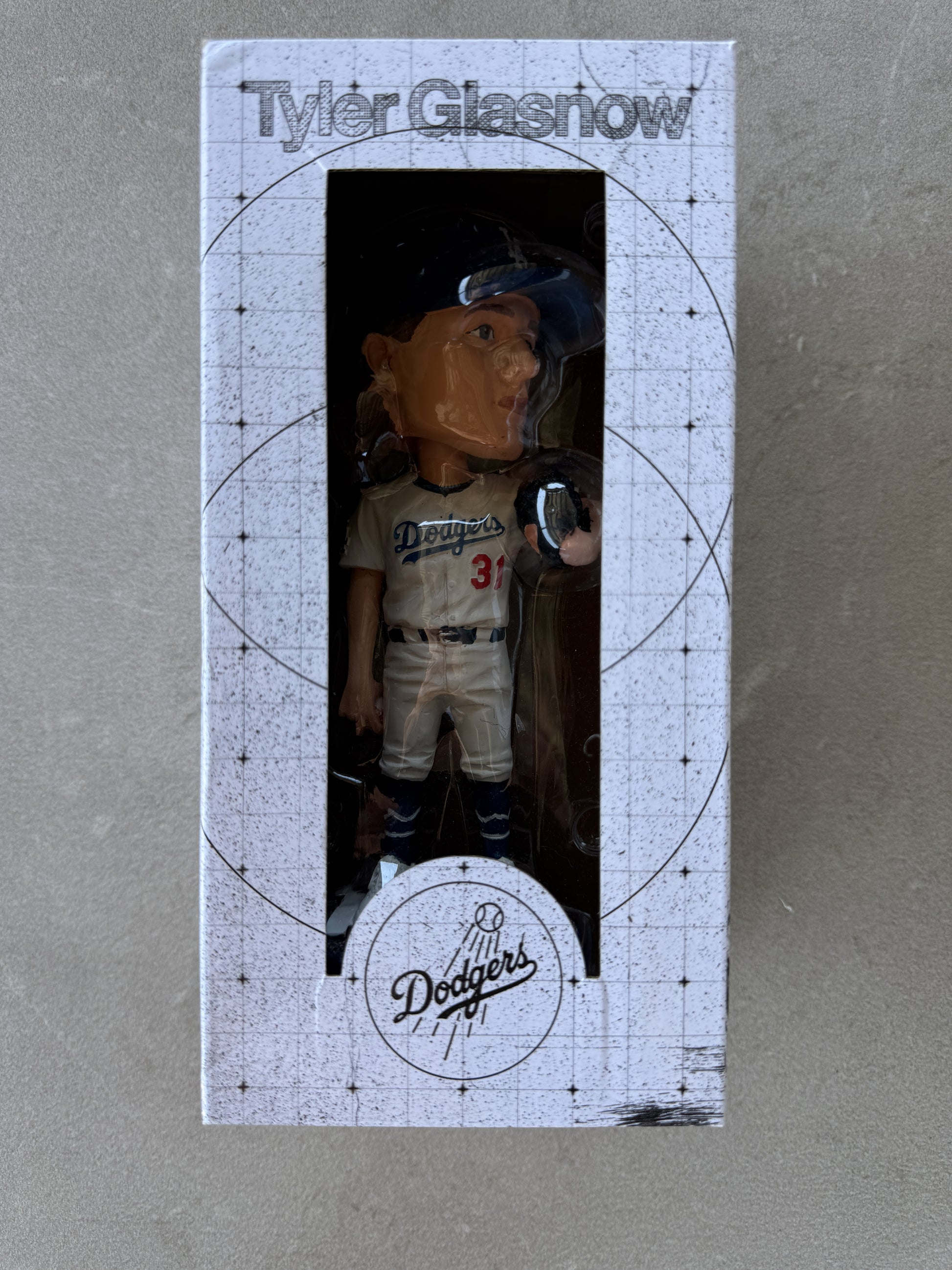 Tyler Glasnow Los Angeles Dodgers bobblehead in box, front window view — SGA 9/18/25
