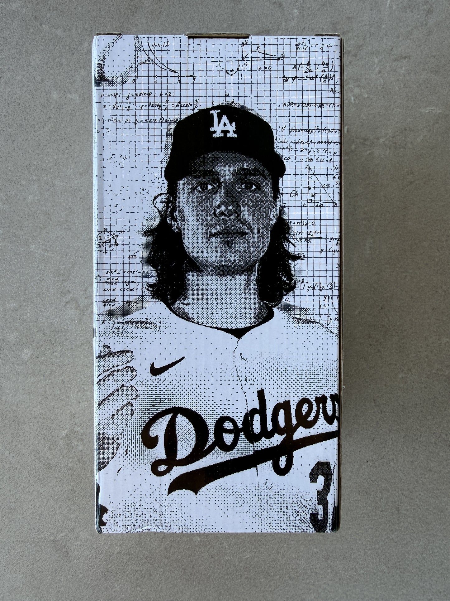 Tyler Glasnow Dodgers bobblehead box back panel — halftone portrait artwork