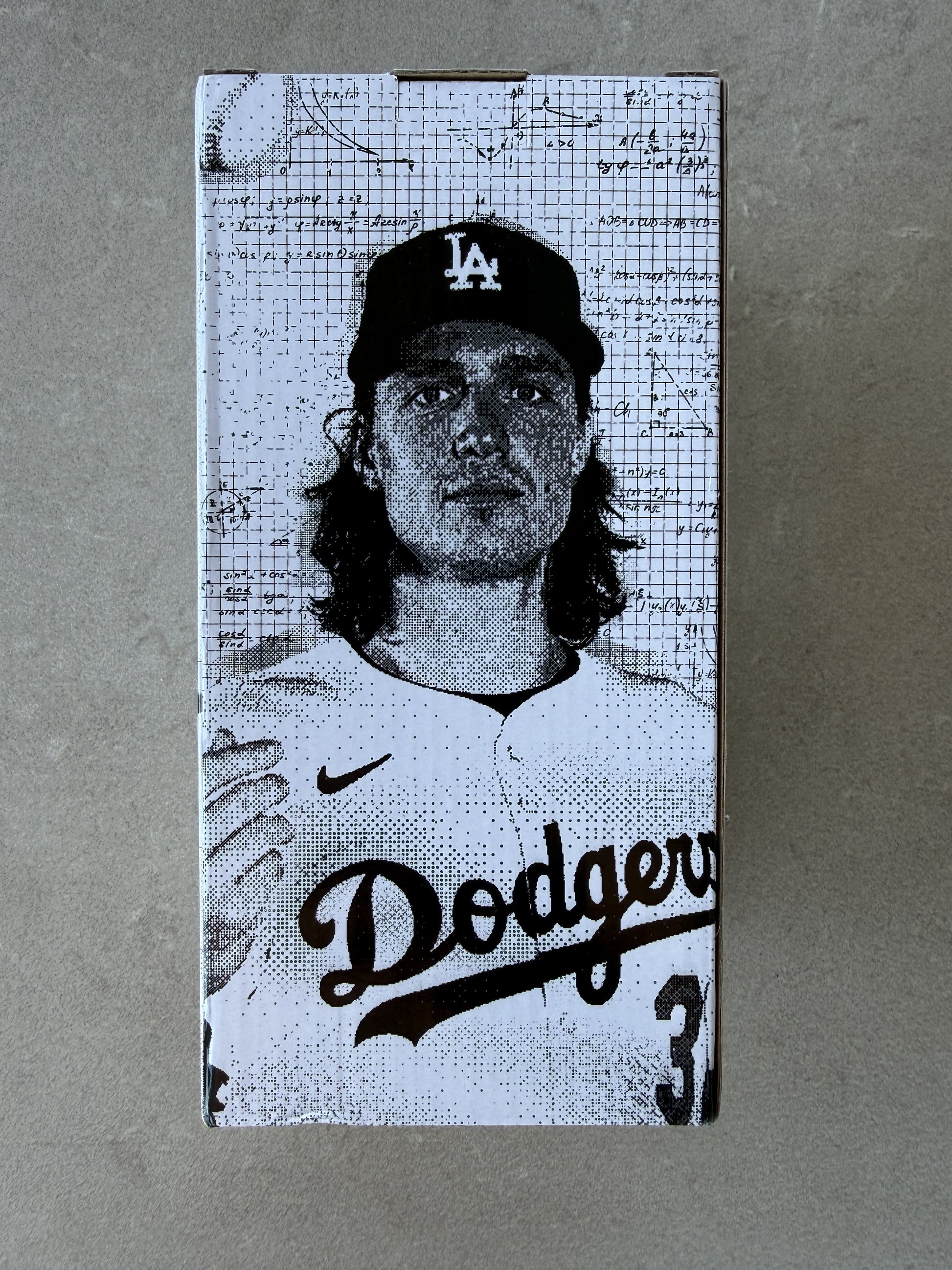 Tyler Glasnow Dodgers bobblehead box back panel — halftone portrait artwork
