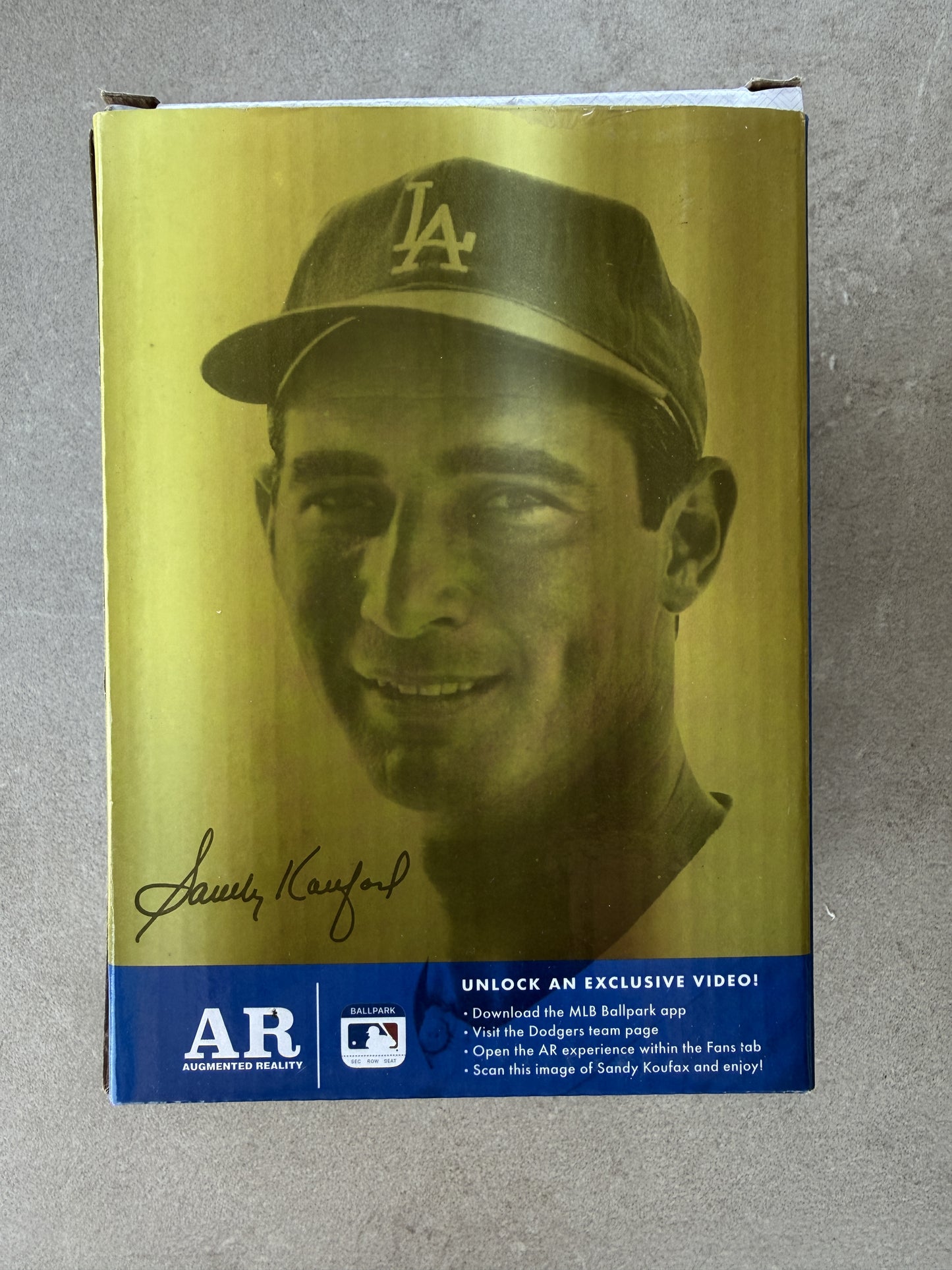 Sandy Koufax replica statue box reverse — Koufax portrait and MLB Ballpark AR callout