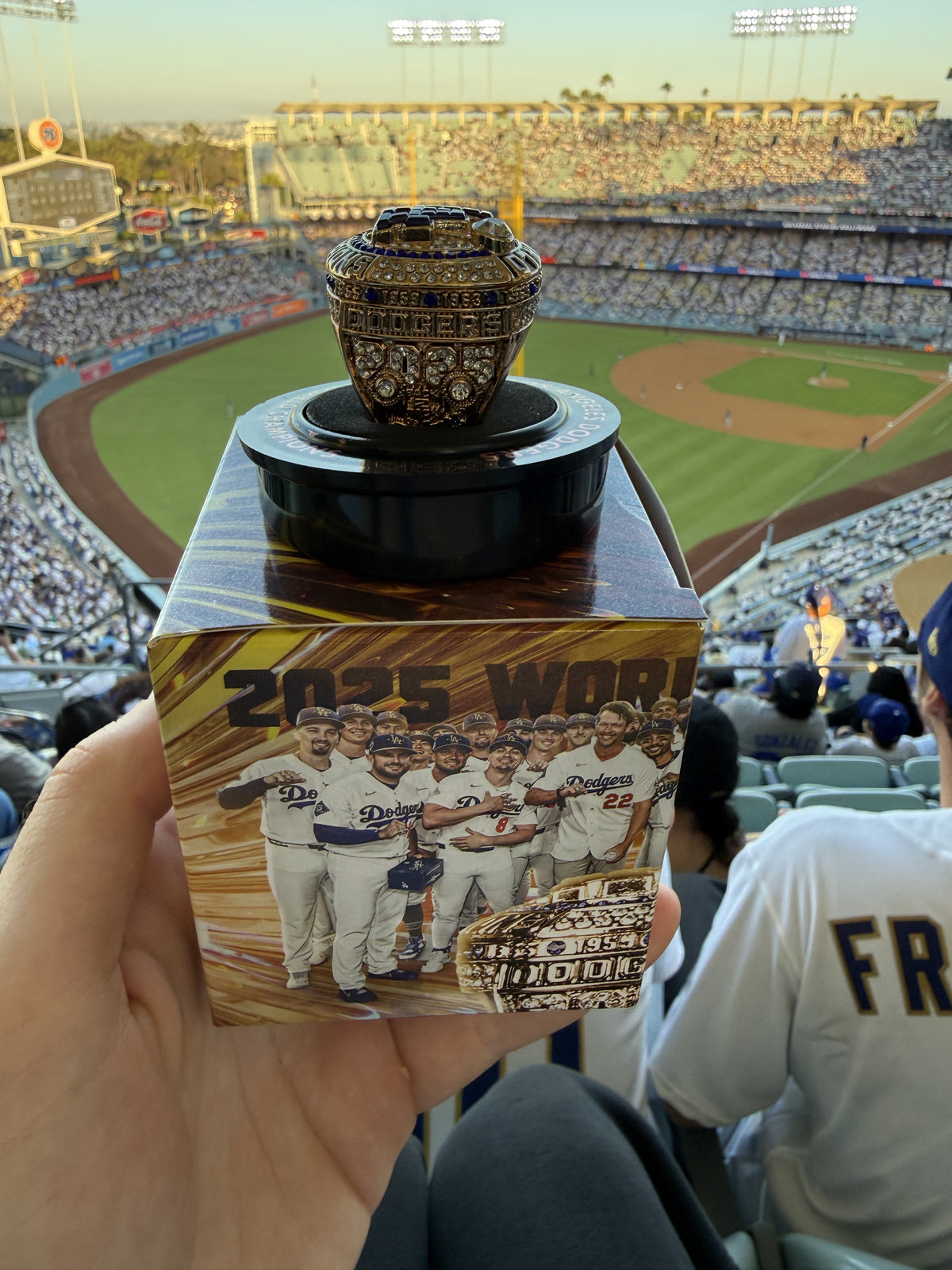 Dodgers 2025 World Champions replica ring, side detail showing the DODGERS band and championship years