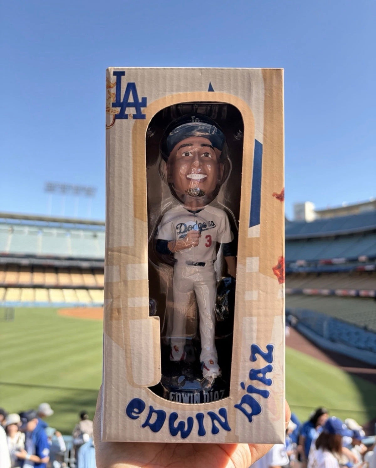Edwin Diaz Los Angeles Dodgers bobblehead in box, front window view — SGA 7/29/26