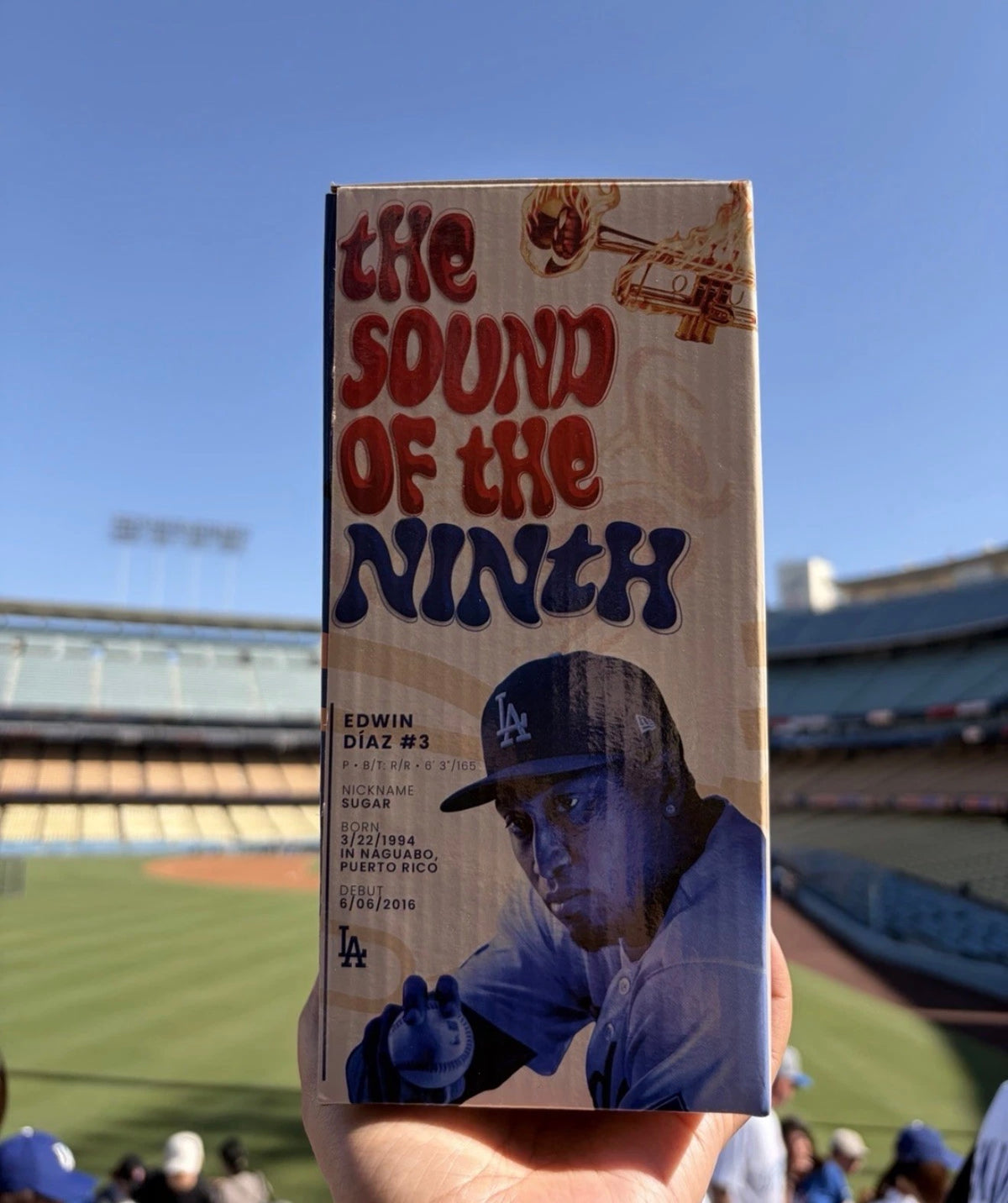 Edwin Diaz Dodgers bobblehead box front panel — The Sound of the Ninth artwork with player bio