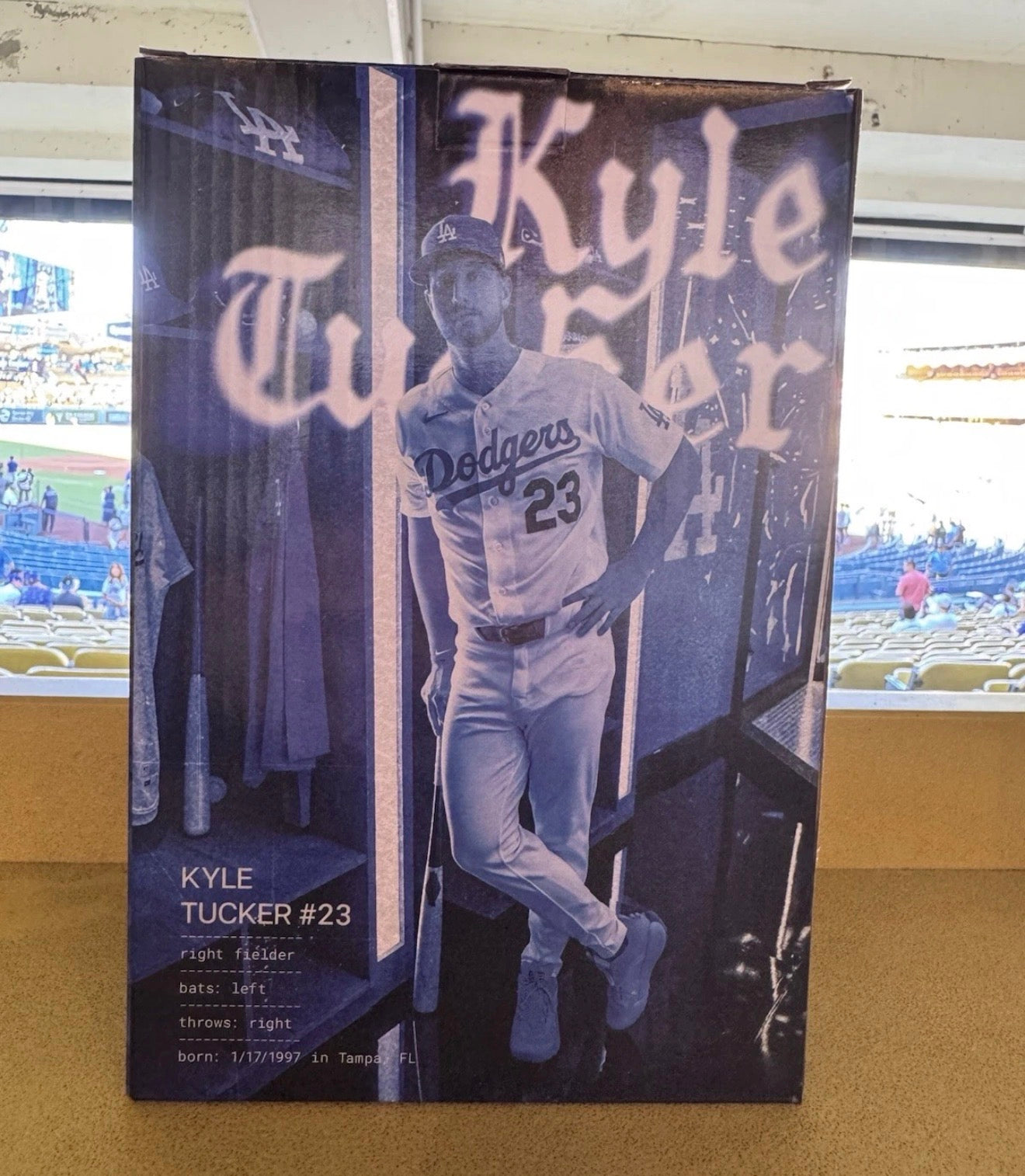Kyle Tucker bobblehead box back with player bio panel, Dodgers right fielder number 23